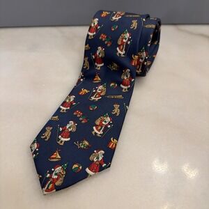 Lands' End Mens 100% Silk Neck Tie Christmas Santa Sailboats Trombone Toys